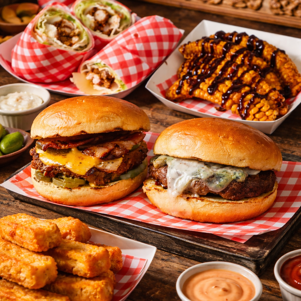 Two burgers on a checkered tablecloth with sides of fries and coleslaw.